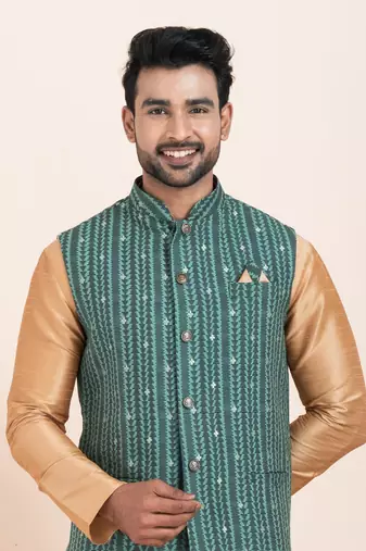 woven golden kurta pyjama with green jacket