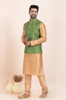 Woven Kurta Pyjama Waistcoat Set For Mens 1