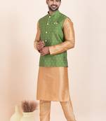 Woven Kurta Pyjama Waistcoat Set For Mens
