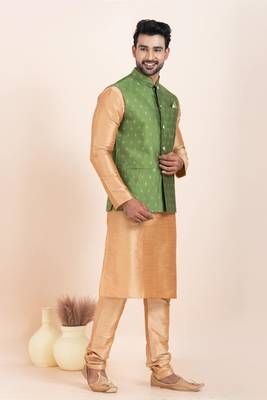 Woven Kurta Pyjama Waistcoat Set For Mens 2