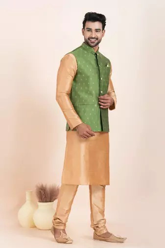 Woven Kurta Pyjama Waistcoat Set For Mens