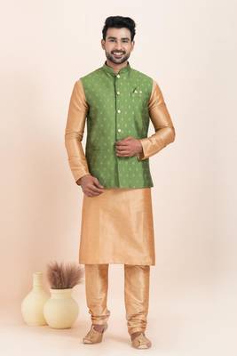 Woven Kurta Pyjama Waistcoat Set For Mens 3