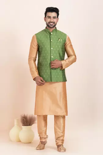 Woven Kurta Pyjama Waistcoat Set For Mens