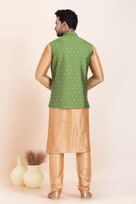 Woven Kurta Pyjama Waistcoat Set For Mens 4