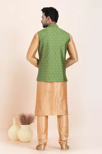Woven Kurta Pyjama Waistcoat Set For Mens