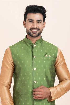 Woven Kurta Pyjama Waistcoat Set For Mens 5