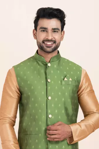 Woven Kurta Pyjama Waistcoat Set For Mens