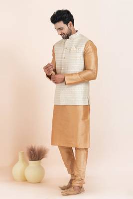 Woven Kurta Pyjama Waistcoat Set For Mens 1