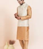 Woven Kurta Pyjama Waistcoat Set For Mens