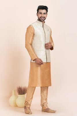 Woven Kurta Pyjama Waistcoat Set For Mens 2