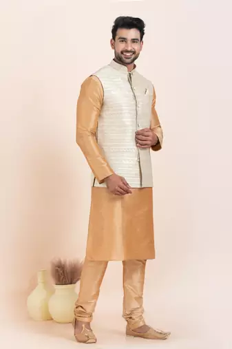 Woven Kurta Pyjama Waistcoat Set For Mens