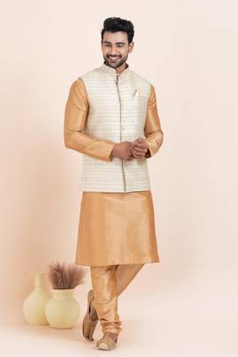Woven Kurta Pyjama Waistcoat Set For Mens 3