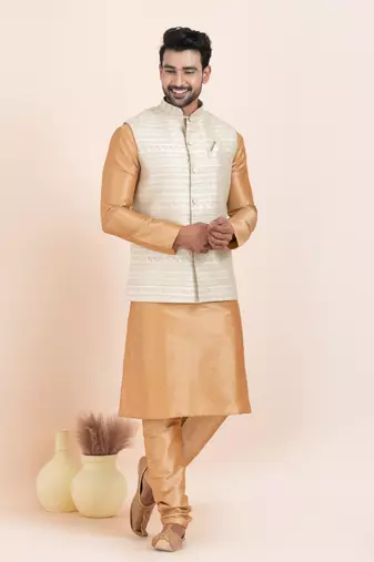 Woven Kurta Pyjama Waistcoat Set For Mens