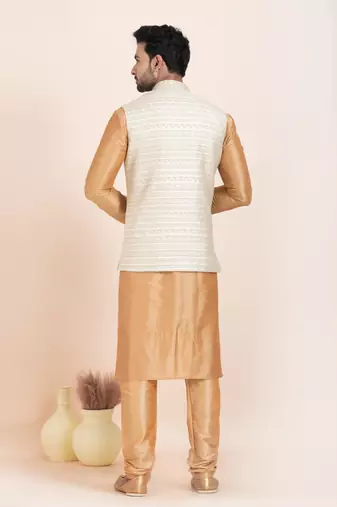 Woven Kurta Pyjama Waistcoat Set For Mens