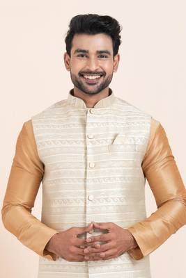 Woven Kurta Pyjama Waistcoat Set For Mens 5