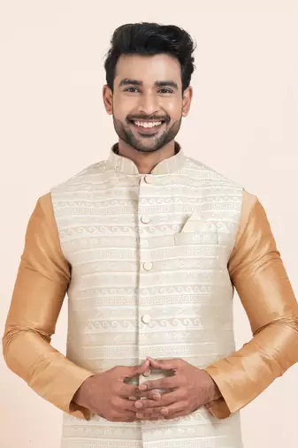 Woven Kurta Pyjama Waistcoat Set For Mens