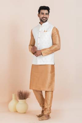 Woven Kurta Pyjama Waistcoat Set For Mens 1