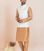 Woven Kurta Pyjama Waistcoat Set For Mens