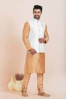 Woven Kurta Pyjama Waistcoat Set For Mens 2