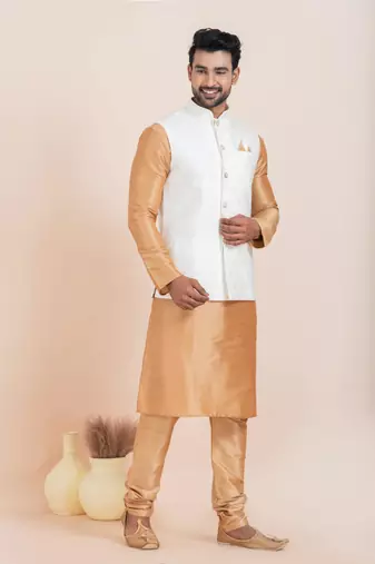 Woven Kurta Pyjama Waistcoat Set For Mens