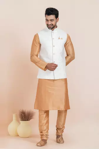 Woven Kurta Pyjama Waistcoat Set For Mens
