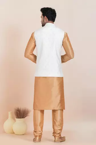Woven Kurta Pyjama Waistcoat Set For Mens