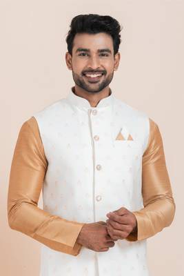 Woven Kurta Pyjama Waistcoat Set For Mens 5