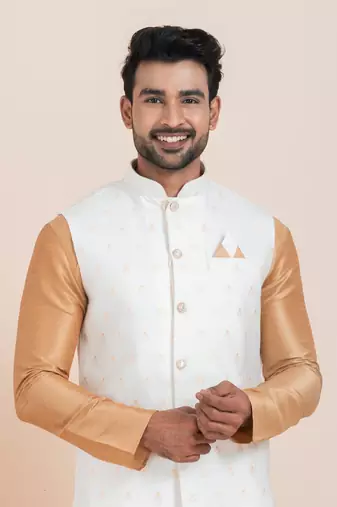 Woven Kurta Pyjama Waistcoat Set For Mens