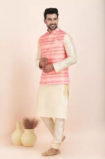 Woven Kurta Pyjama Waistcoat Set For Mens