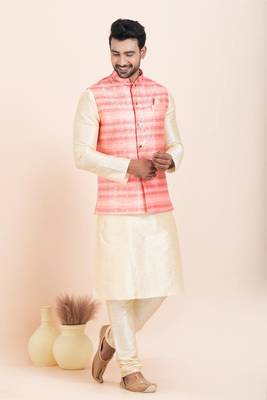 Woven Kurta Pyjama Waistcoat Set For Mens 3