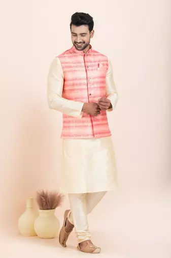 Woven Kurta Pyjama Waistcoat Set For Mens