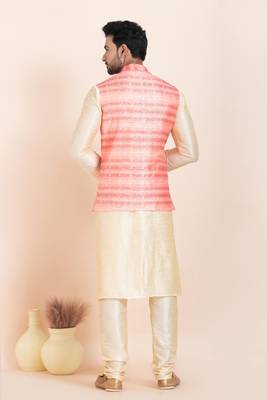 Woven Kurta Pyjama Waistcoat Set For Mens 4