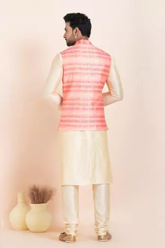 Woven Kurta Pyjama Waistcoat Set For Mens