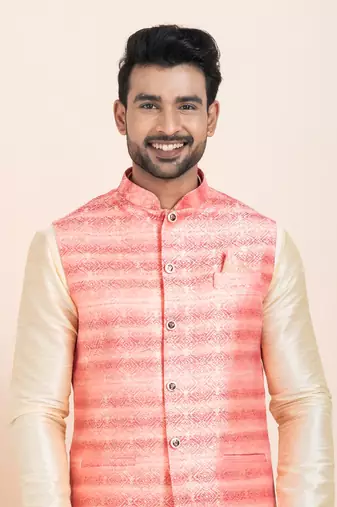 Woven Kurta Pyjama Waistcoat Set For Mens