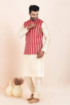 Woven Kurta Pyjama Waistcoat Set For Mens 1