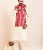 Woven Kurta Pyjama Waistcoat Set For Mens