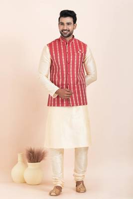 Woven Kurta Pyjama Waistcoat Set For Mens 2