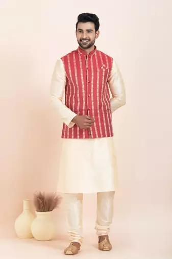 Woven Kurta Pyjama Waistcoat Set For Mens