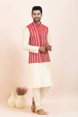 Woven Kurta Pyjama Waistcoat Set For Mens 3