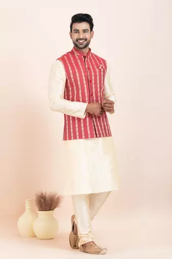 Woven Kurta Pyjama Waistcoat Set For Mens