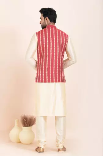 Woven Kurta Pyjama Waistcoat Set For Mens