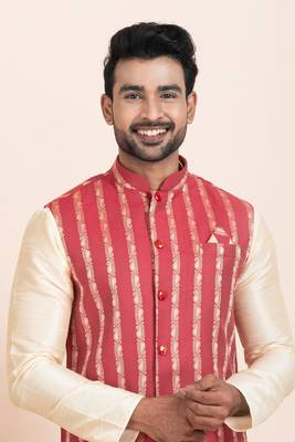 Woven Kurta Pyjama Waistcoat Set For Mens 5