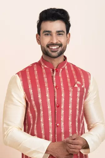 Woven Kurta Pyjama Waistcoat Set For Mens