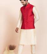 Woven Kurta Pyjama Waistcoat Set For Mens