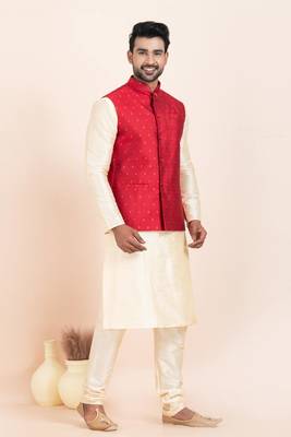 Woven Kurta Pyjama Waistcoat Set For Mens 2
