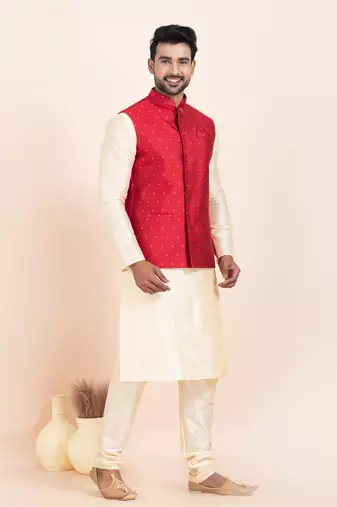Woven Kurta Pyjama Waistcoat Set For Mens