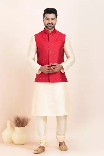 Woven Kurta Pyjama Waistcoat Set For Mens