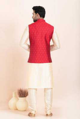Woven Kurta Pyjama Waistcoat Set For Mens 4
