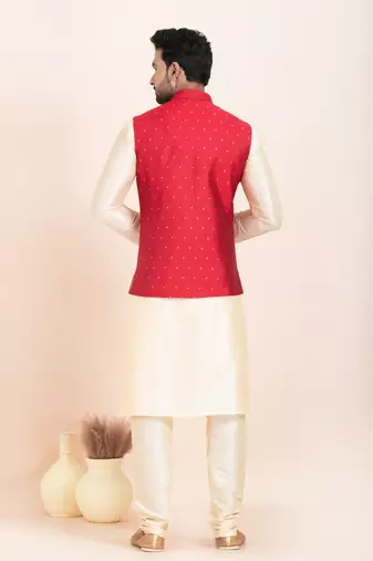 Woven Kurta Pyjama Waistcoat Set For Mens