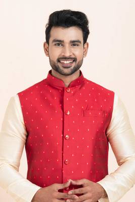 Woven Kurta Pyjama Waistcoat Set For Mens 5